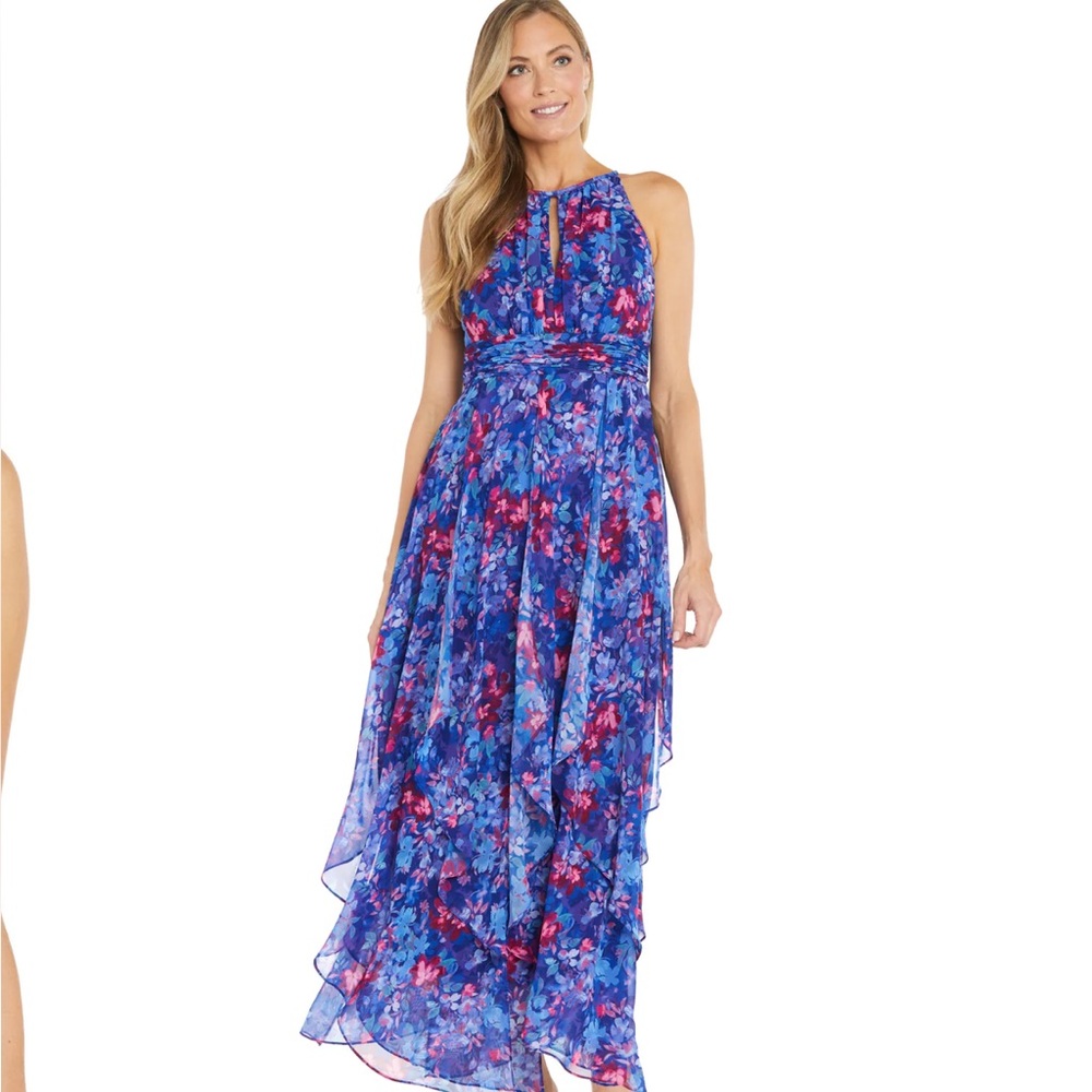 R&M RICHARDS FLOWLY CHIFFON HALTER DRESS RUFFLED TIER BOTTOM PINK & BLUE SZ 10